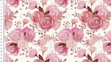 Baumwoll Waffeljersey Rosa Rosenblüten auf Altweiß